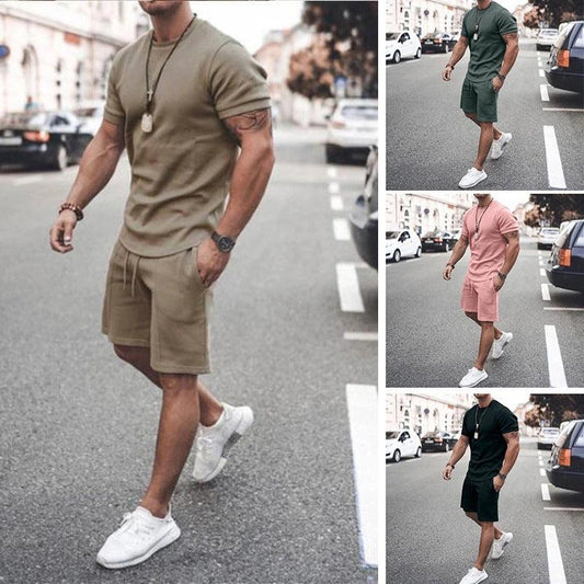 Cross-border 2021 men's solid color summer European and American short-sleeved shorts suit foreign trade men's sports casual suit spot - Viva Vista Store