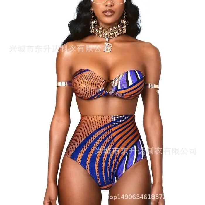 Dongshengda Clothing 2022 European and American Sexy Sexy Split High Waist Tube Top Bikini Swimsuit Female Totem National Style - Viva Vista Store