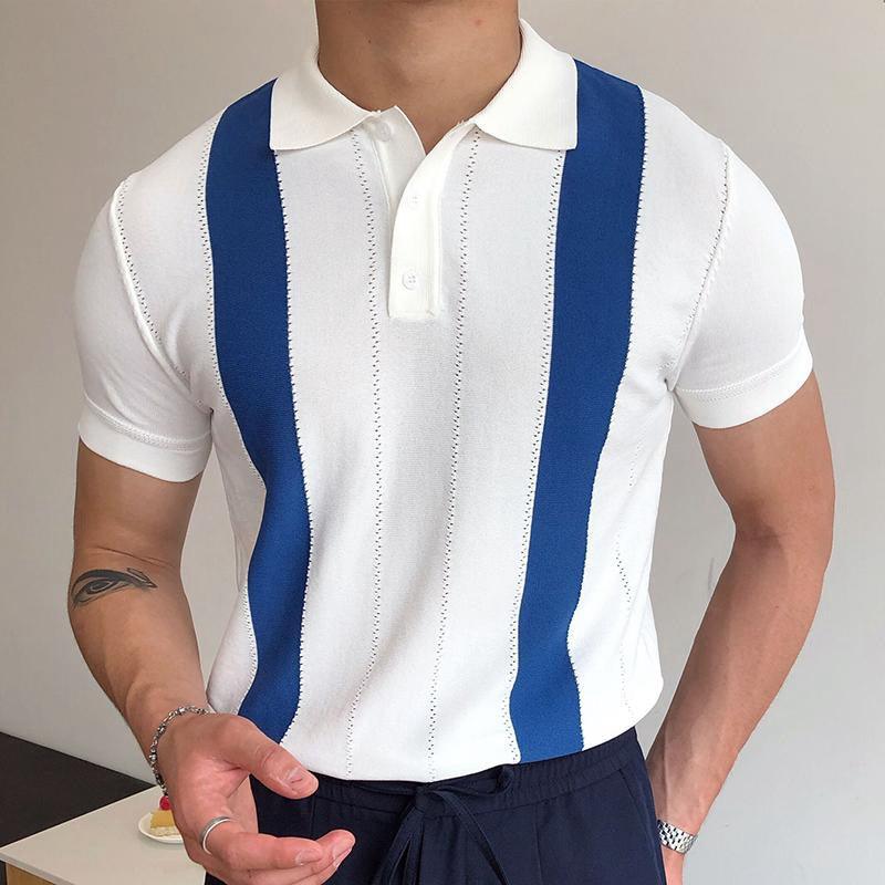 Foreign trade independent station new men's summer short-sleeved sweater white striped slim polo shirt SY0096 - Viva Vista Store