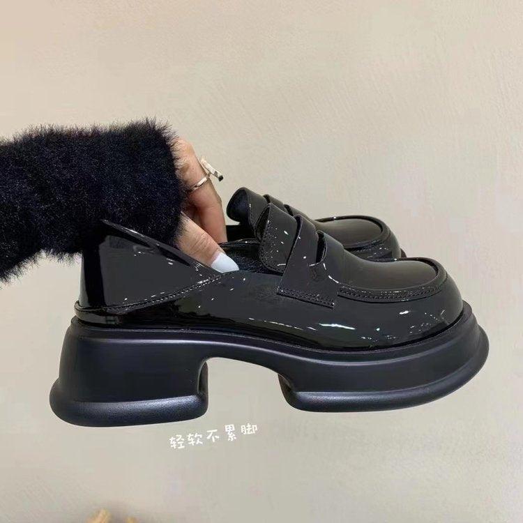 Design sense niche one-step thick-soled sponge cake square-toe small leather shoes female British style black small height increase single shoes - Viva Vista Store