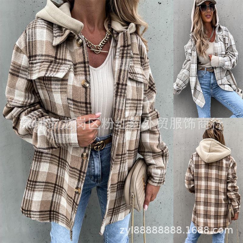 Women's Coat Fashion Hooded (Detachable) Woolen Plaid Coat - Viva Vista Store