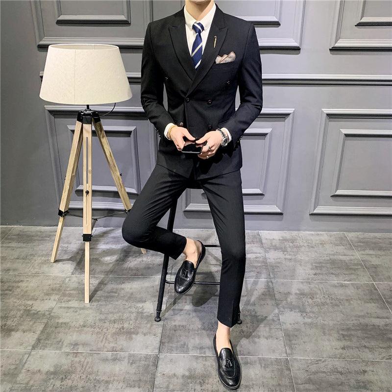 Suit set men's slim three-piece trend striped small suit fashion slim young men's dress - Viva Vista Store