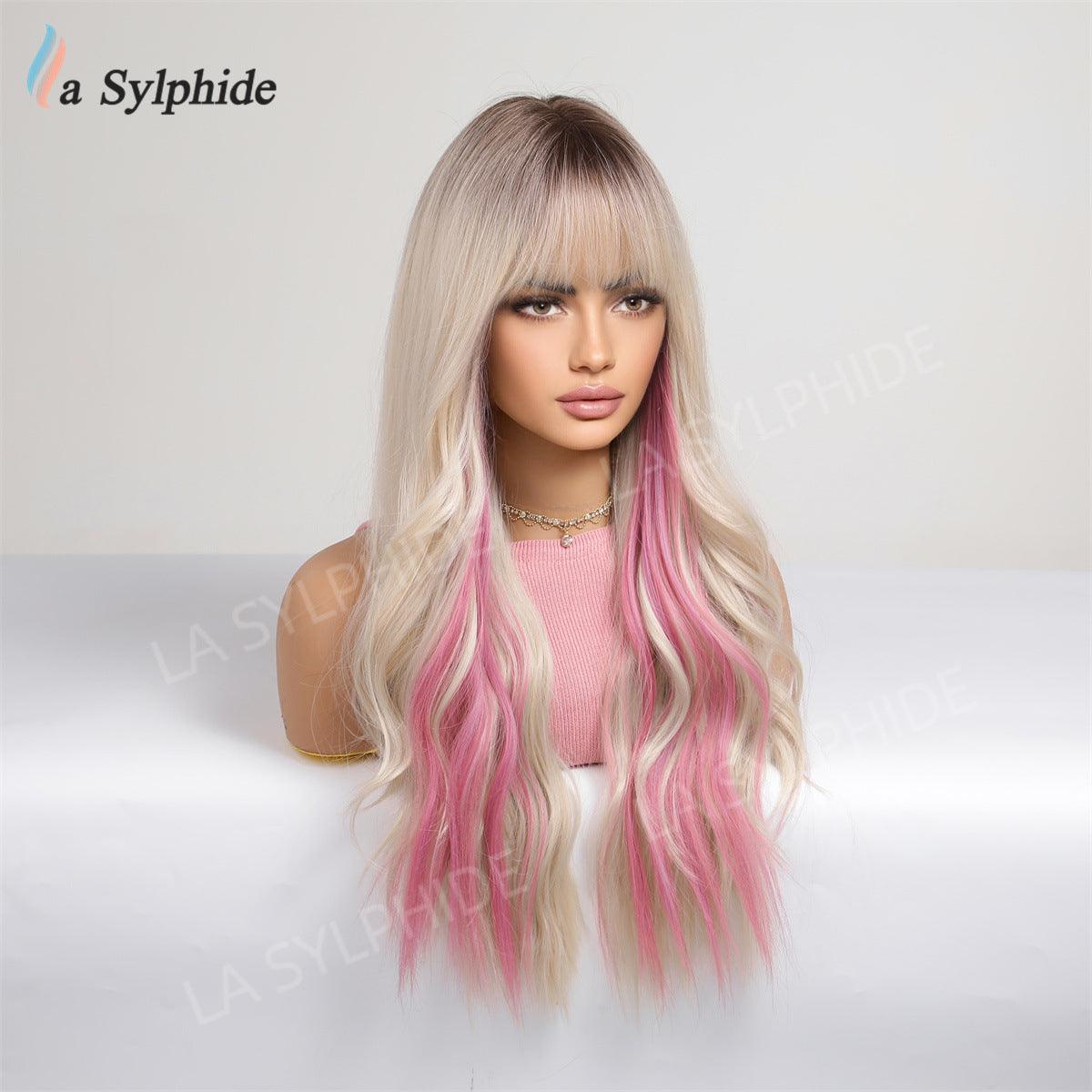 Long Curly Hair Wig Women's bangs Pink Platinum Rose Net Full Headset Long wig - Viva Vista Store