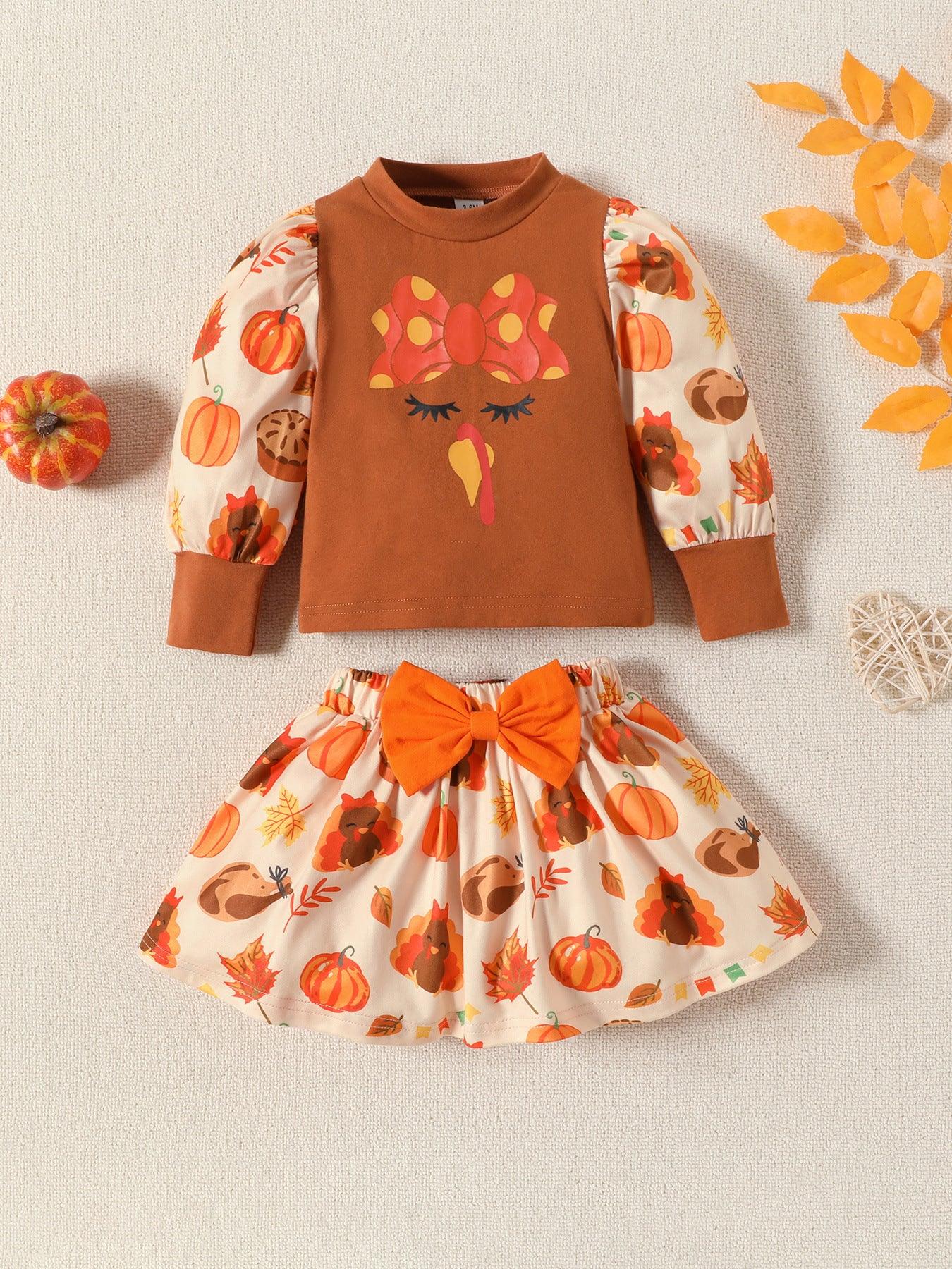 children's clothing baby toddler girl set Thanksgiving turkey pumpkin print long sleeve skirt two-piece - Viva Vista Store