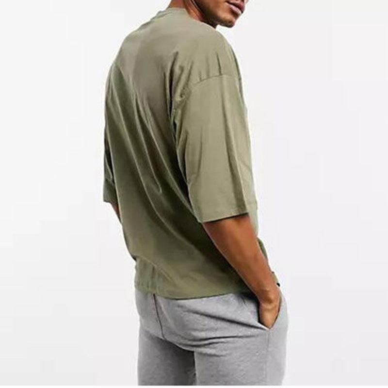 Men's Solid Color Five Point Sleeve Loose Fitness T-Shirt Casual Fashion Half Sleeve Splicing Top Round Neck Summer Tee Shirt - Viva Vista Store