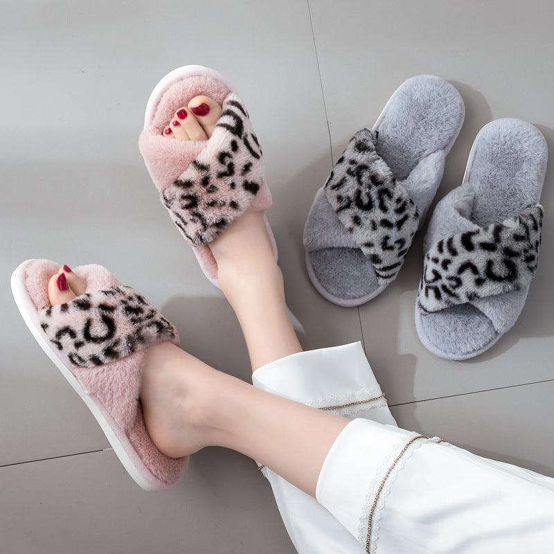 New cross-border home leopard cross gross slippers female European and American INS wind profile plush floor cotton slippers female - Viva Vista Store