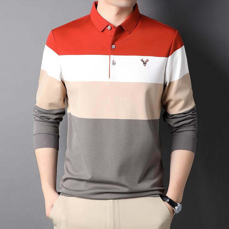 Men's polo shirt spring and autumn youth Korean cotton long sleeve T-shirt men's fashion casual loose striped men's clothing tide - Viva Vista Store