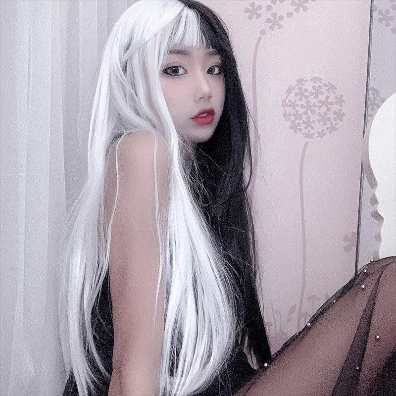 Cosplay anime fake female black white yin yang color air Liu Hai Chang straight female chemical fiber WIG empty store new - Viva Vista Store