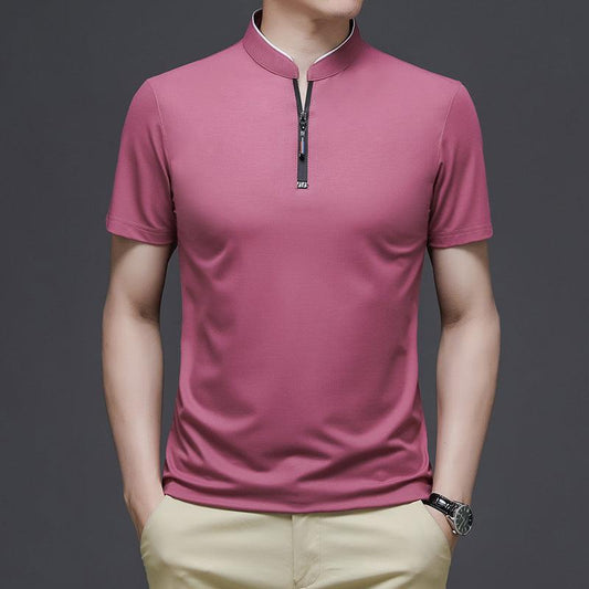 Summer new young people short-sleeved t-shirt male business casual men's half-sleeved collar zipper solid color bottom - Viva Vista Store