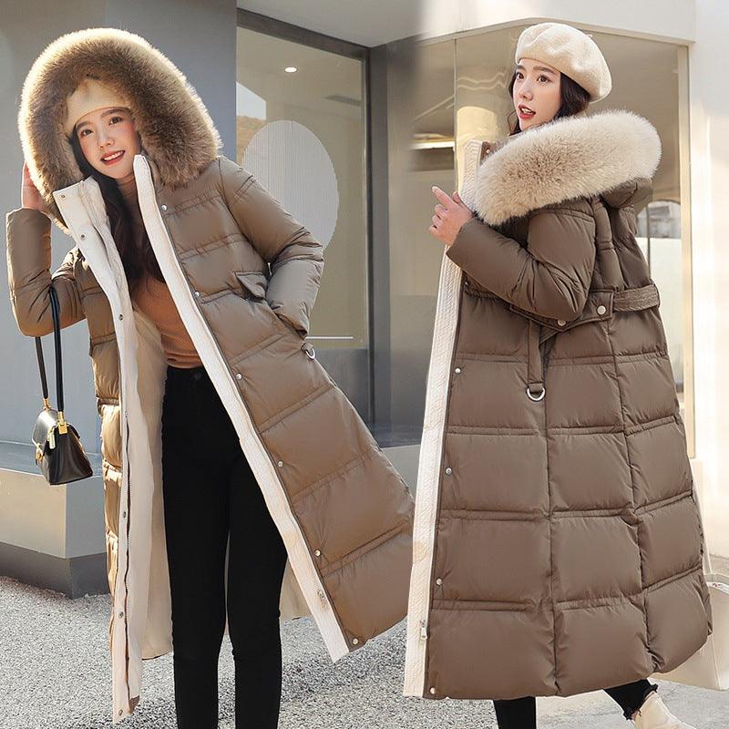 New Down Cotton-padded Coat Women's Long Over-the-knee Large Wool Collar Cotton-padded Coat Thickened Loose Large Size Cotton-padded Coat Jacket - Viva Vista Store