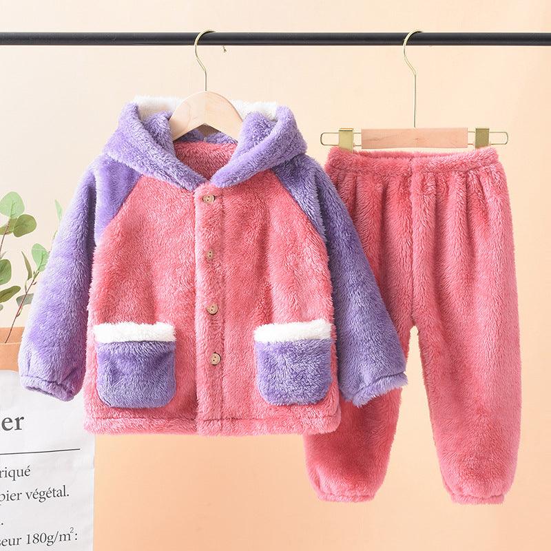 Children's pajamas autumn winter flannel men's baby warm thick home service suit Chinese big boy coral velvet - Viva Vista Store