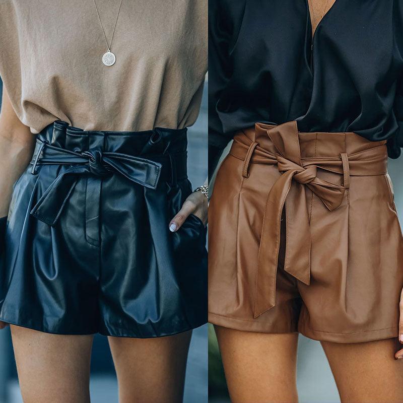 Independent Station New European and American Women's Temperament Casual PU Pants (with Belt) Leather Shorts - Viva Vista Store