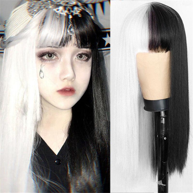 Cosplay anime fake female black white yin yang color air Liu Hai Chang straight female chemical fiber WIG empty store new - Viva Vista Store