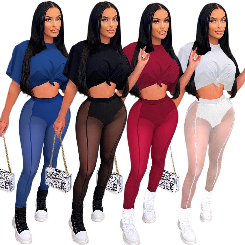 Cross-border women's sexy see-through stitching short-sleeved T-shirt mesh pencil pants suit women - Viva Vista Store