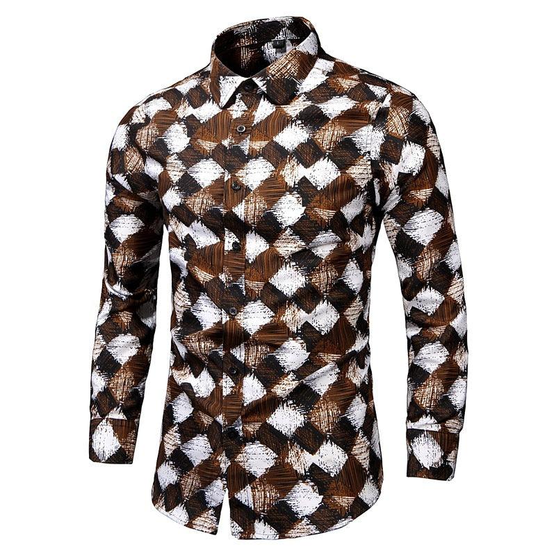 Foreign trade men's fashion small square print lapel men's long sleeve shirt - Viva Vista Store