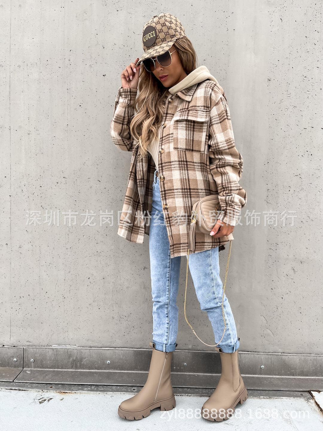 Women's Coat Fashion Hooded (Detachable) Woolen Plaid Coat - Viva Vista Store