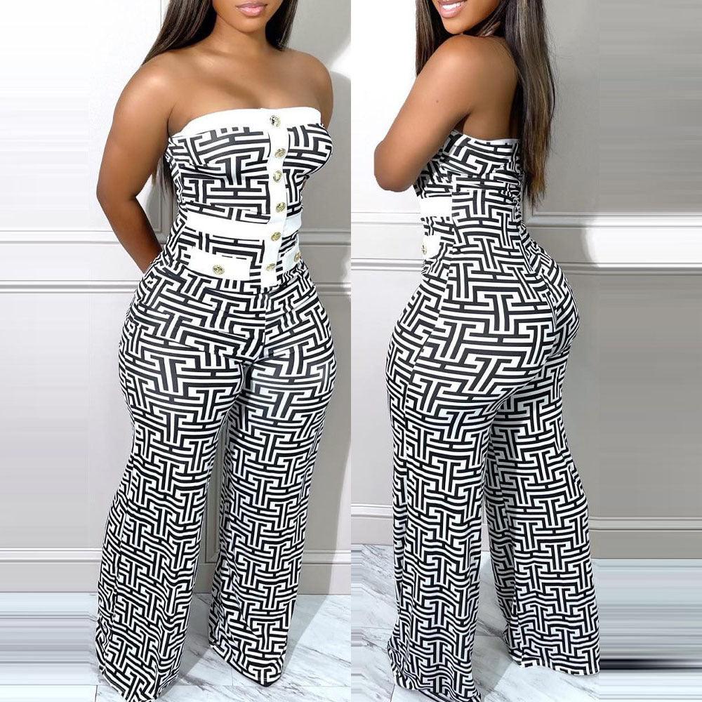 K8019 Cross-border European and American Women's Wear 2023 New Sexy Print Color Block Bandeau One-Piece Wide Leg Pants In stock - Viva Vista Store