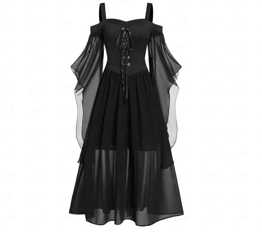 Gothic Dresses for Women Halloween, Plus Size Cold Shoulder Butterfly Sleeve Lace Up Dress Mesh Gothic Dresses - Viva Vista Store