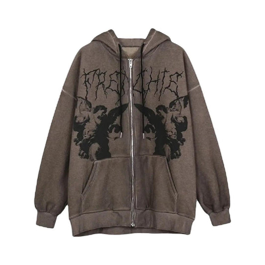 Zipper hoodie brown with black print - Viva Vista Store