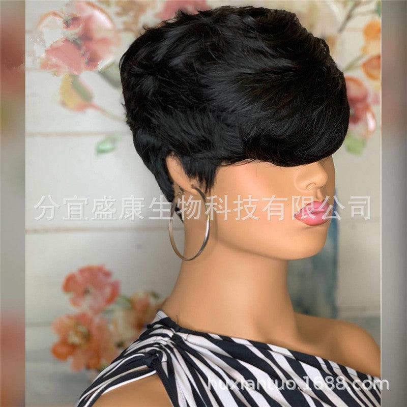 European and American wig oblique bangs black short curly hair high temperature silk free lace mesh wig headgear wholesale - Viva Vista Store