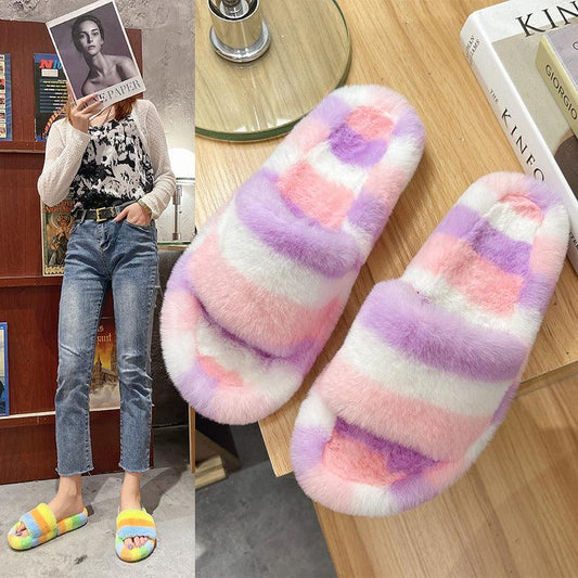 Colorful fur slippers female 2021 new cross-border foreign traders colored plush word trap chamber cotton drag women's shoes - Viva Vista Store