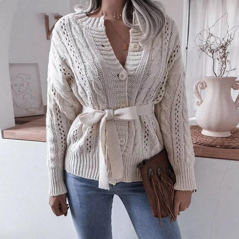 South Korea Dongmen Sweater Female Case 2021 Autumn and Winter New Women's Korean version of the twist buckle waist knit cardigan - Viva Vista Store