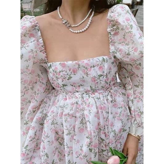 Summer Women Dress Both-Sides Wear Floral Print Chiffon Organza Dress Sexy Square Neck Puff Sleeve Party Prom Skirt Short Sweet - Viva Vista Store