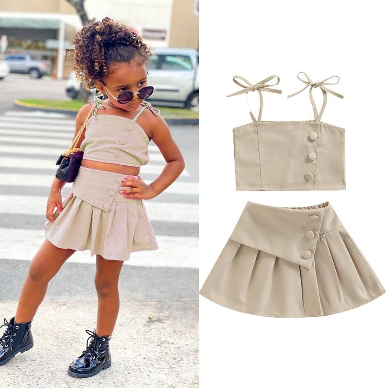 1-6Y Solid Strap Lace Up Vest Tops+High Waist Pleated Skirts - Viva Vista Store