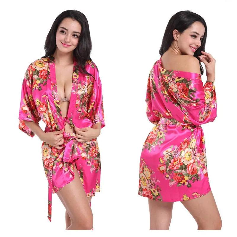 Women Floral Kimono Robe Satin Bridal Dressing Gown Bride Bridesmaid Robes Sleepwear - Viva Vista Store