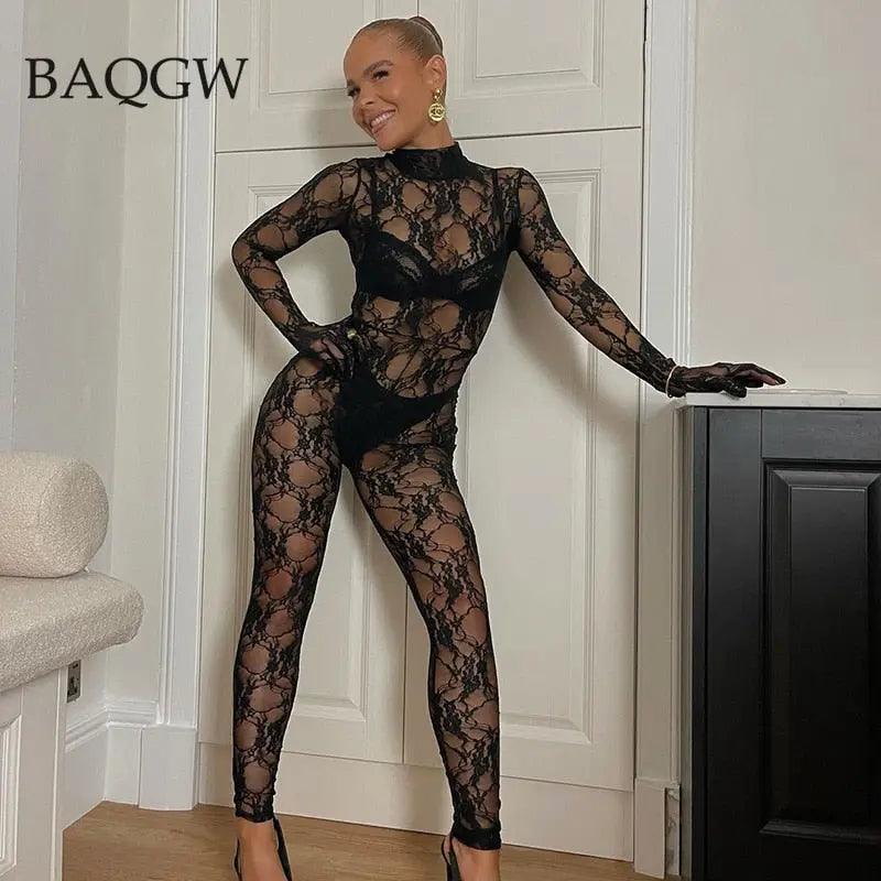 Mesh Sheer Hollow Out Long Sleeve Sexy See Through Skinny Exotic Jumpsuit Bodycon Summer Women Outfit Night Party with Gloves - Viva Vista Store