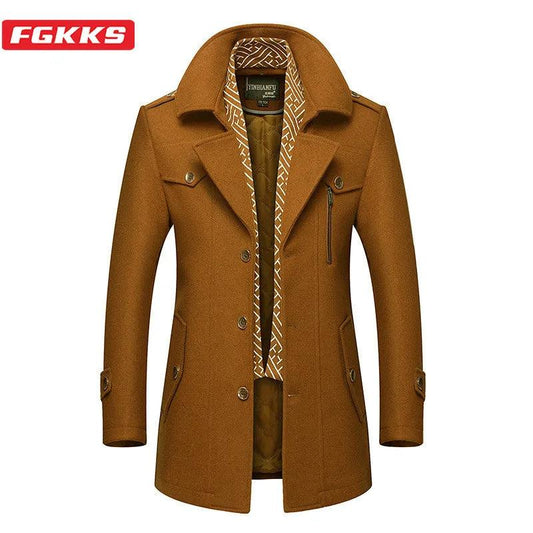 FGKKS Man Classic Fashion Trench Coat Male Long Jacket Slim Fit Overcoat Casual Wool Blends Warm Outerwear Windbreaker Men - Viva Vista Store