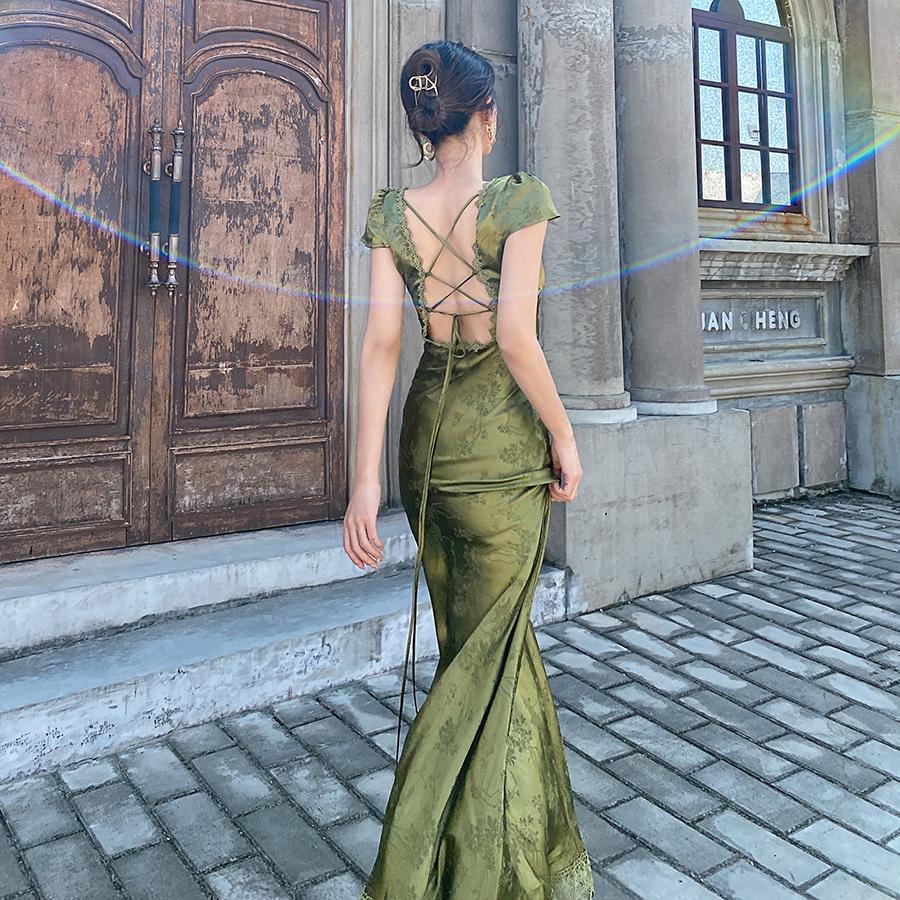 Elegant Green V-Neck Satin Jacquard Dress Women&#39;s Backless Sexy Maxi Dress Summer Ladies Robe Vintage Vestidos Female Clothing - Viva Vista Store