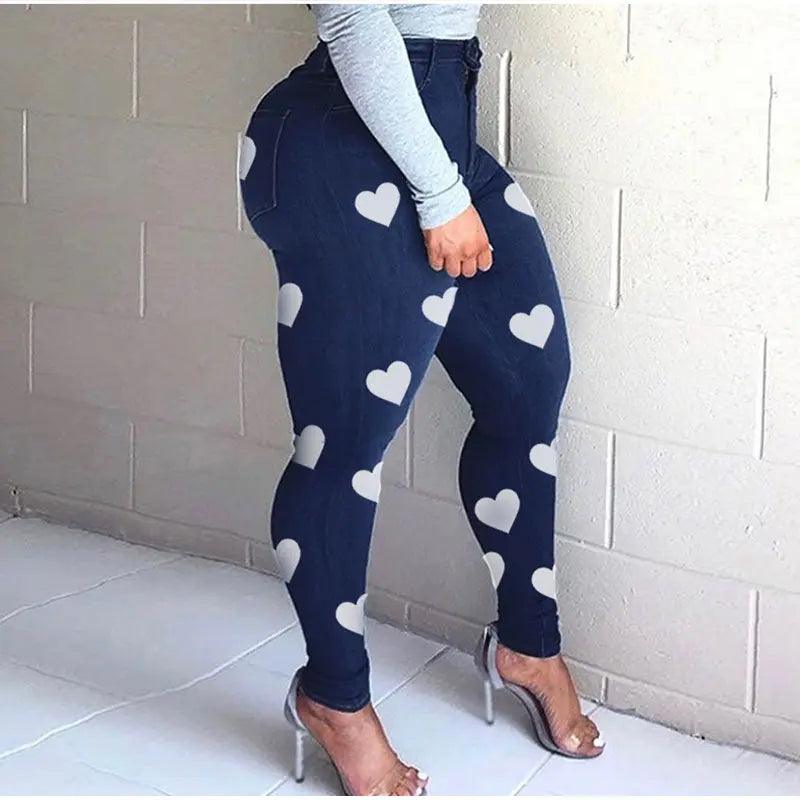 Plus Size Heart Print Skinny Distressed Jeans Mom Vintage Streetwear Women Blue Stretchy Sexy Melody Pencil Denim Pants Y2K - Viva Vista Store