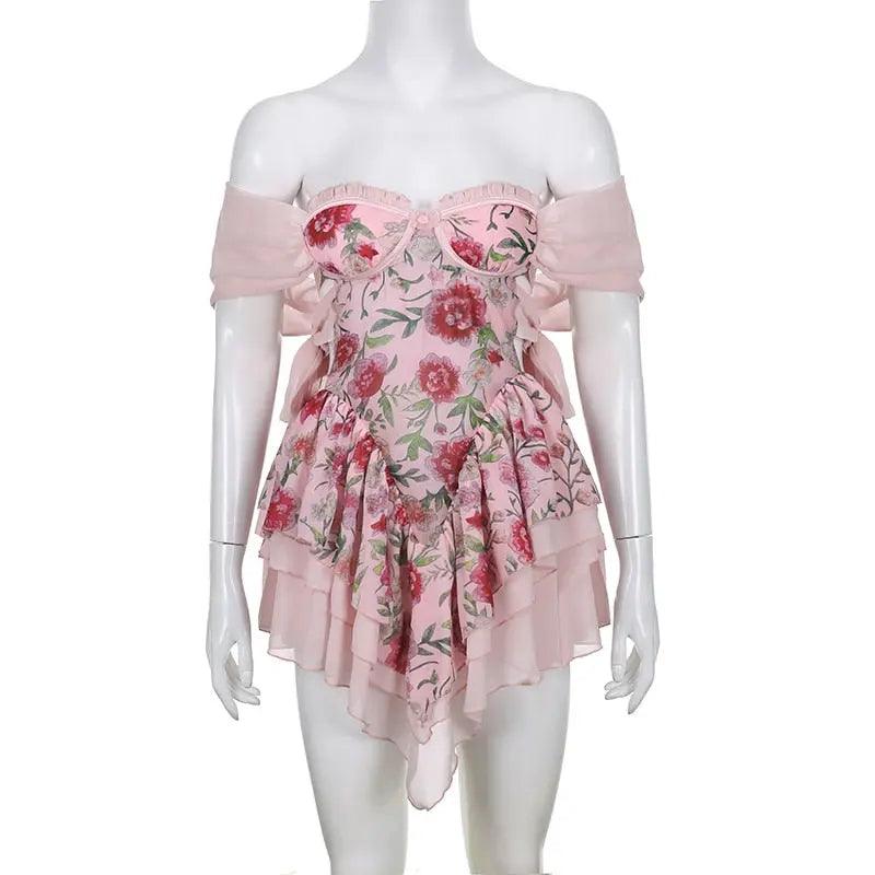 Iconic Pink Floral Ruffle Off-Shoulder Mini Dress - Viva Vista Store