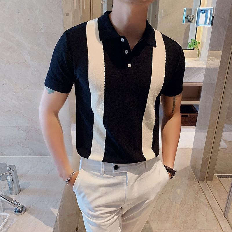 Summer Men's Short-sleeved Knitted Casual POLO Shirts Contrast Color British Slim Lapel Ice Silk POLO Shirt Men Clothes - Viva Vista Store