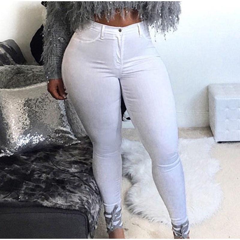 Plus Size High Waist Stretchy Skinny White Basic Casual Jeans Distressed Bodycon Pencil Denim Pants Lady Indie Trousers Jean - Viva Vista Store