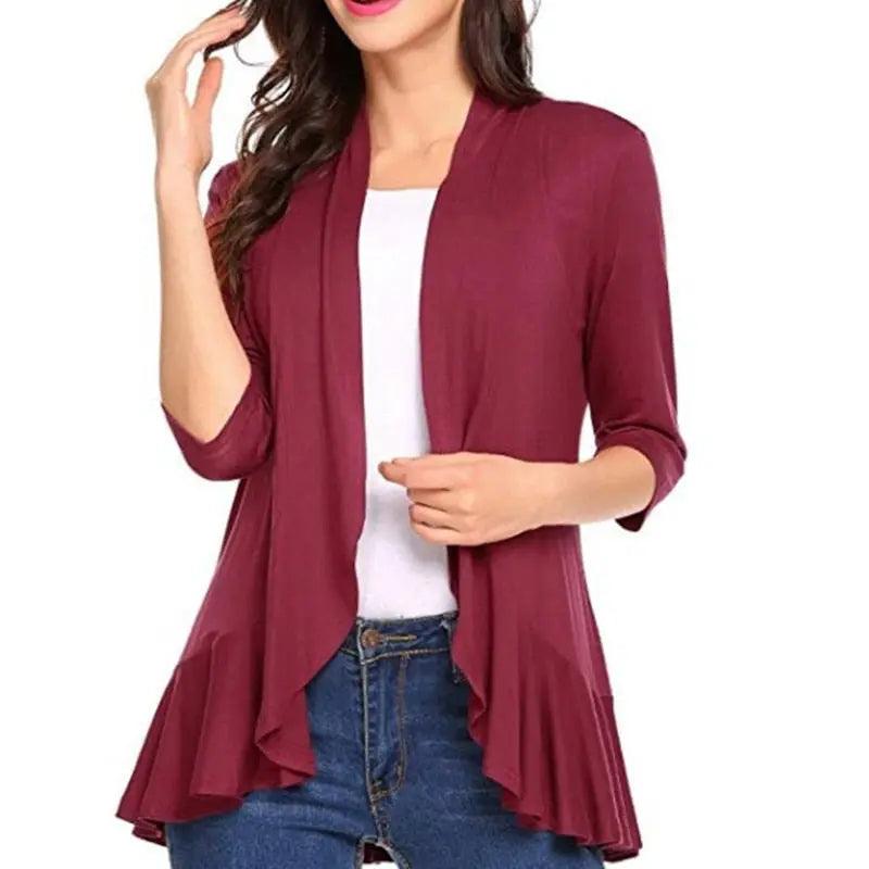 Women's Cardigan Spring Summer Autumn Clothing Solid Color Slim Top Ruffle Hem Three Quarter Sleeve Thin Simple Coat - Viva Vista Store