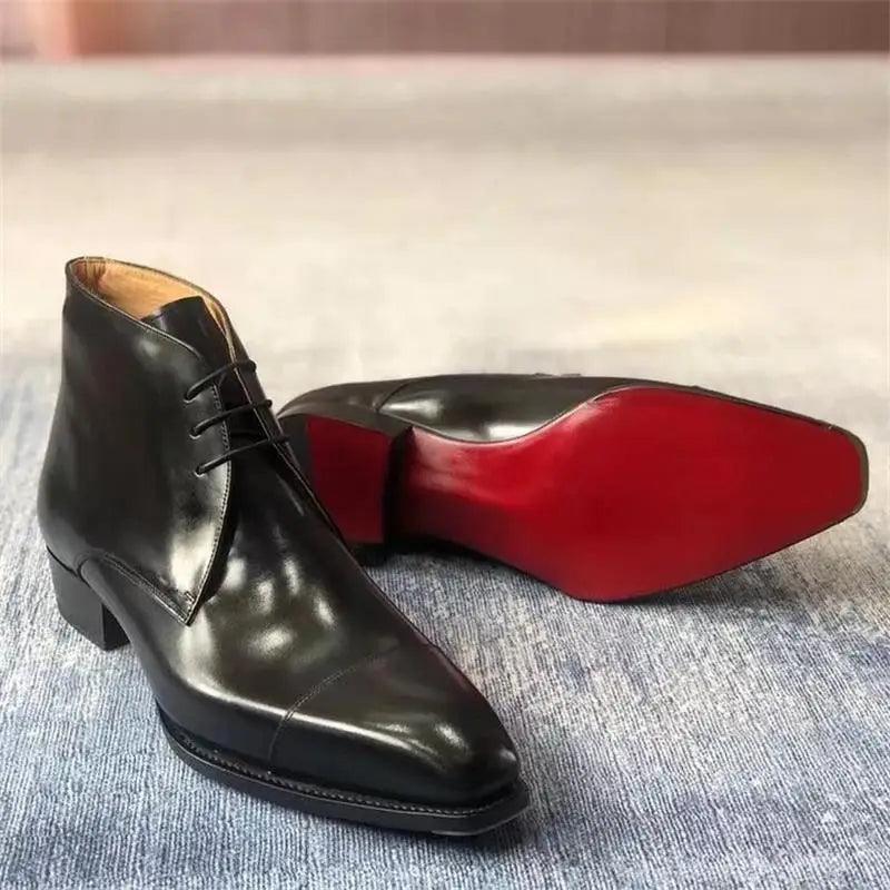 Red Sole Men Ankle Boots Square Toe Lace-up Business Chelsea Boots Men Handmade Black Shoes Men - Viva Vista Store