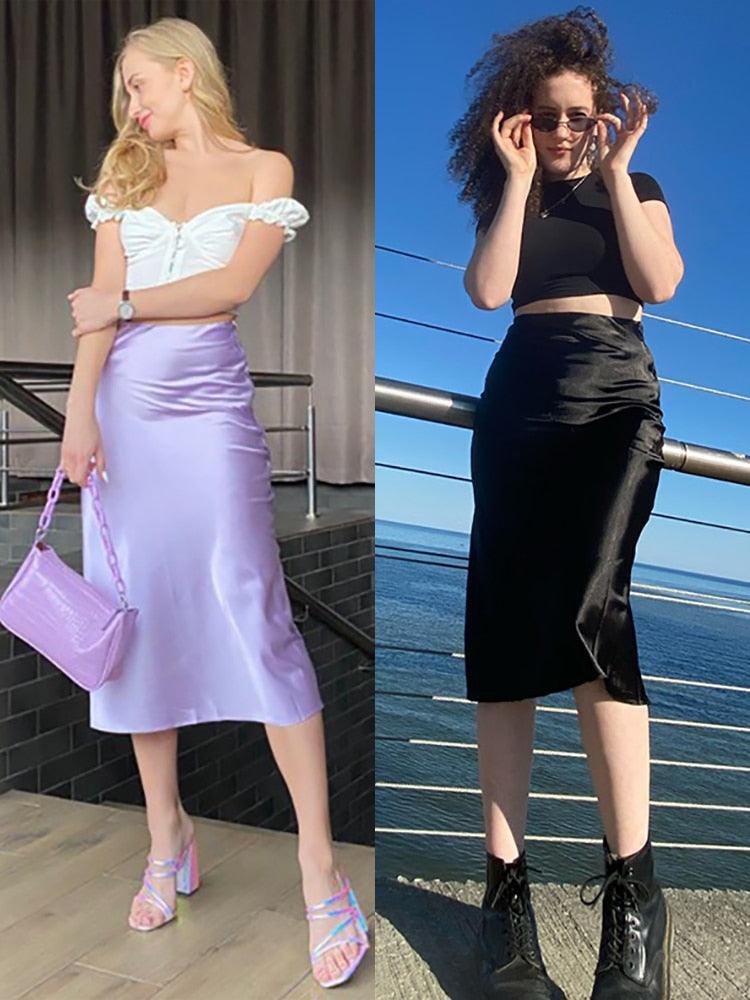 Restve Casual Women High Waisted Long Skirt Purple Satin Office Ladies Elegant Skirts Solid Silk Midi Skirt Spring Summer - Viva Vista Store