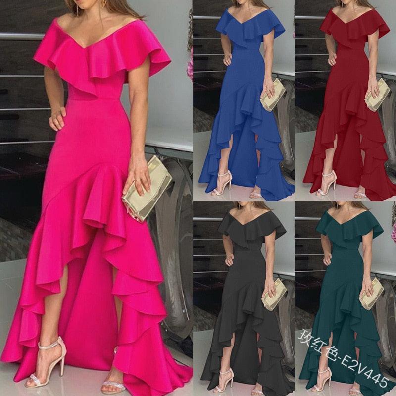 European American Elegant Party Dresses Sexy V-neck Irregular Solid Color Maxi Dress Hem Ruffle Women Short Sleeve Floor-Length - Viva Vista Store