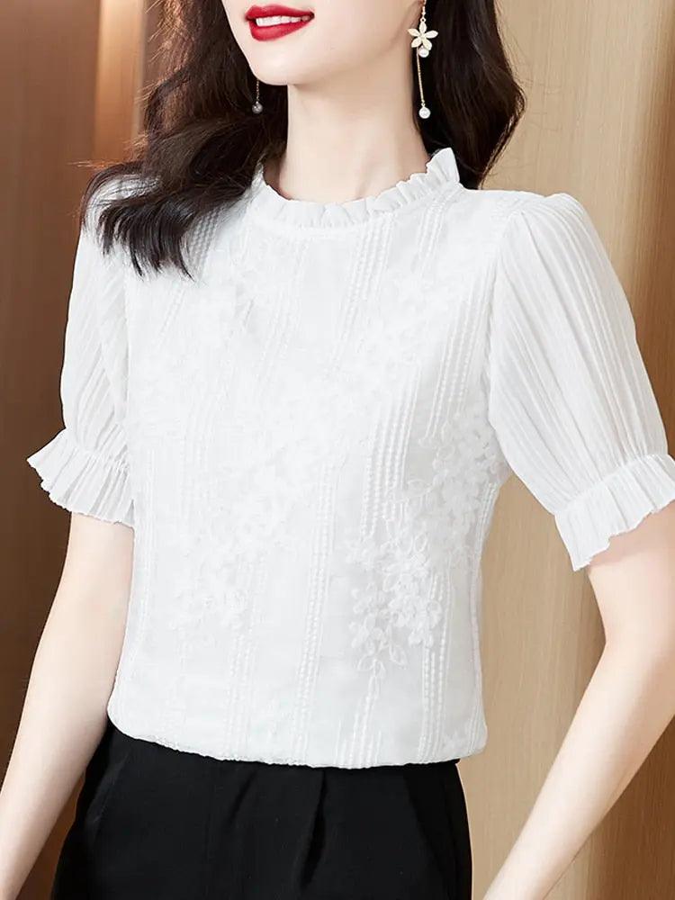 Long Sleeve Blouse Women Blusas Mujer De Moda 2022 Stand Collar Lace Chiffon Blouse Shirt Women Tops Blouses Femme Blusas E159 - Viva Vista Store