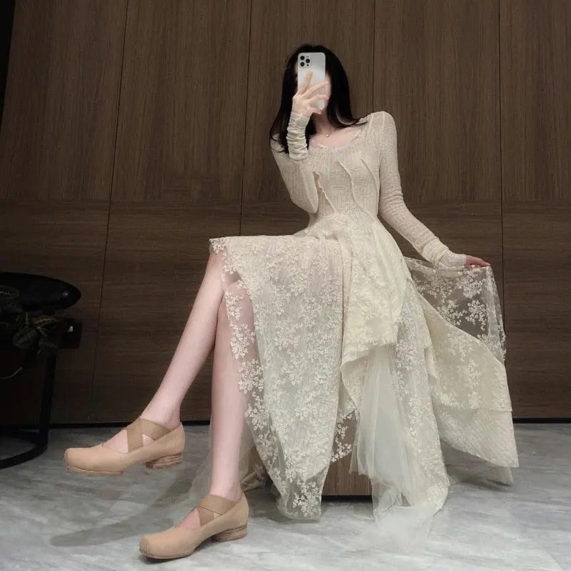 Beige Lace Layered Dress - Viva Vista Store