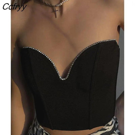 Ccfryy Y2K Sleeveless Vintage Bustier Corset Tops Women Night Club Sexy Backless Off Shoulder Diamonds Black Tube Crop Tops 2023 - Viva Vista Store