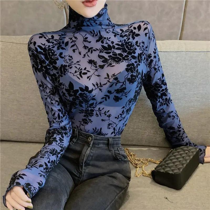 Girls Transparent Flocking Mesh Blouses Shirts Tees Female Turtleneck Sexy Full Sleeve Blouses Tops For Women - Viva Vista Store