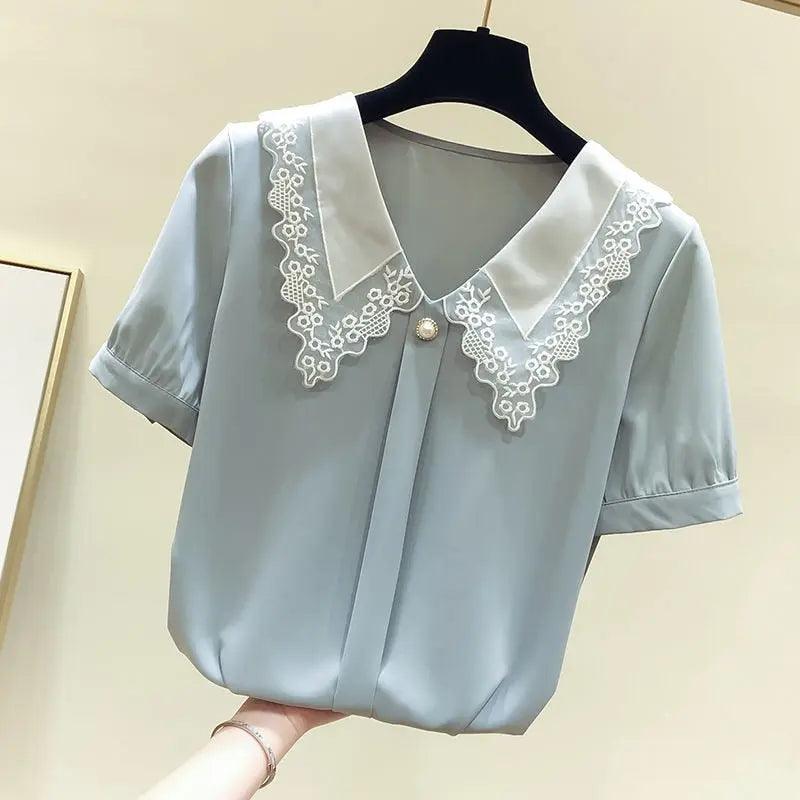 Aiertu Women Spring Summer Style Chiffon Blouses Shirts Lady Casual Short Sleeve Peter Pan Collar Chiffon Blusas Tops ZZ0792 - Viva Vista Store