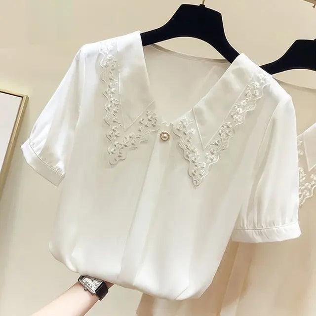 Aiertu Women Spring Summer Style Chiffon Blouses Shirts Lady Casual Short Sleeve Peter Pan Collar Chiffon Blusas Tops ZZ0792 - Viva Vista Store