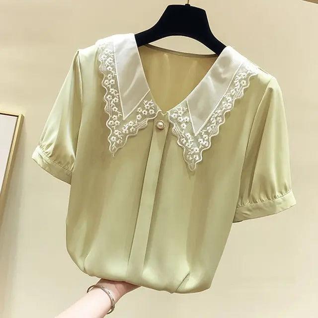 Aiertu Women Spring Summer Style Chiffon Blouses Shirts Lady Casual Short Sleeve Peter Pan Collar Chiffon Blusas Tops ZZ0792 - Viva Vista Store