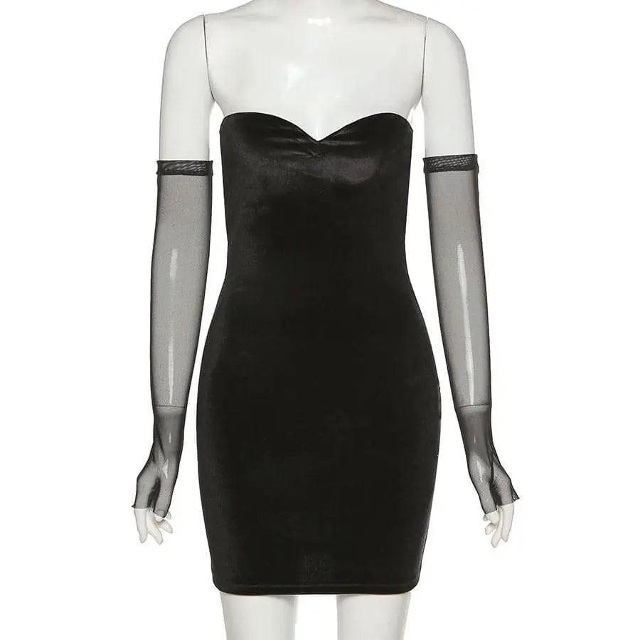 Black Strapless Dress & Mesh Gloves Set - Viva Vista Store