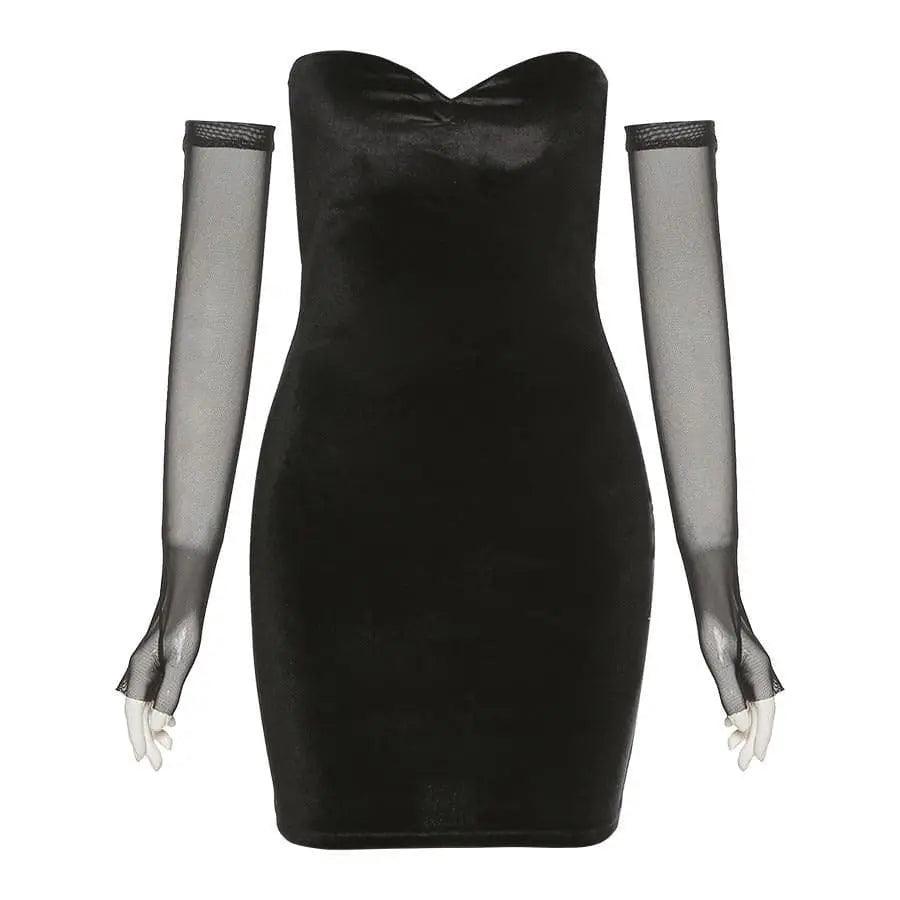 Black Strapless Dress & Mesh Gloves Set - Viva Vista Store