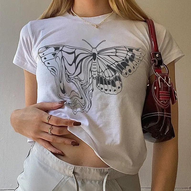 Y2K White Butterfly Graphic Printed Tee - Viva Vista Store